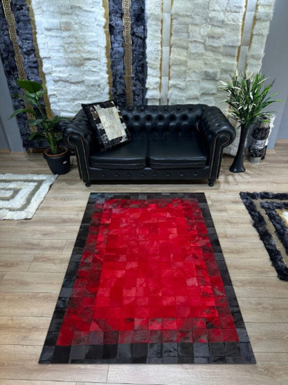 Luxury Red Black Handmade Original Cowhide Leather Living Room Rug