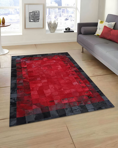 Luxury Red Black Handmade Original Cowhide Leather Living Room Rug