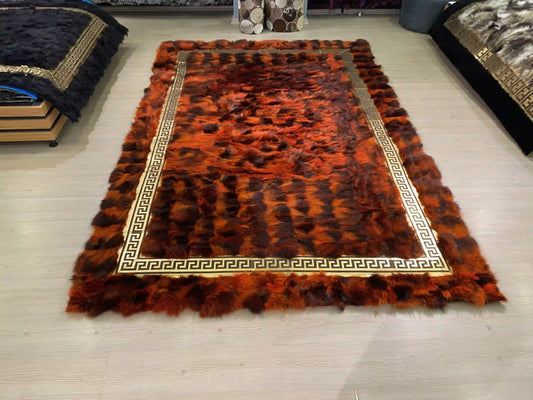 Luxury Red Ultra Soft Fluffy Genuine Fox Fur Area Rug for Bedroom