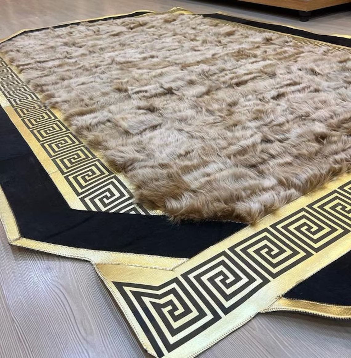 Luxury Sheepskin Gold Black Large Bedroom Rug ,Elegant Ambiance Carpet