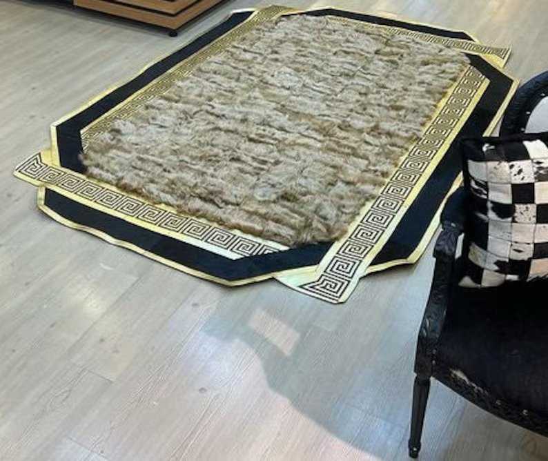 Luxury Sheepskin Gold Black Large Bedroom Rug ,Elegant Ambiance Carpet