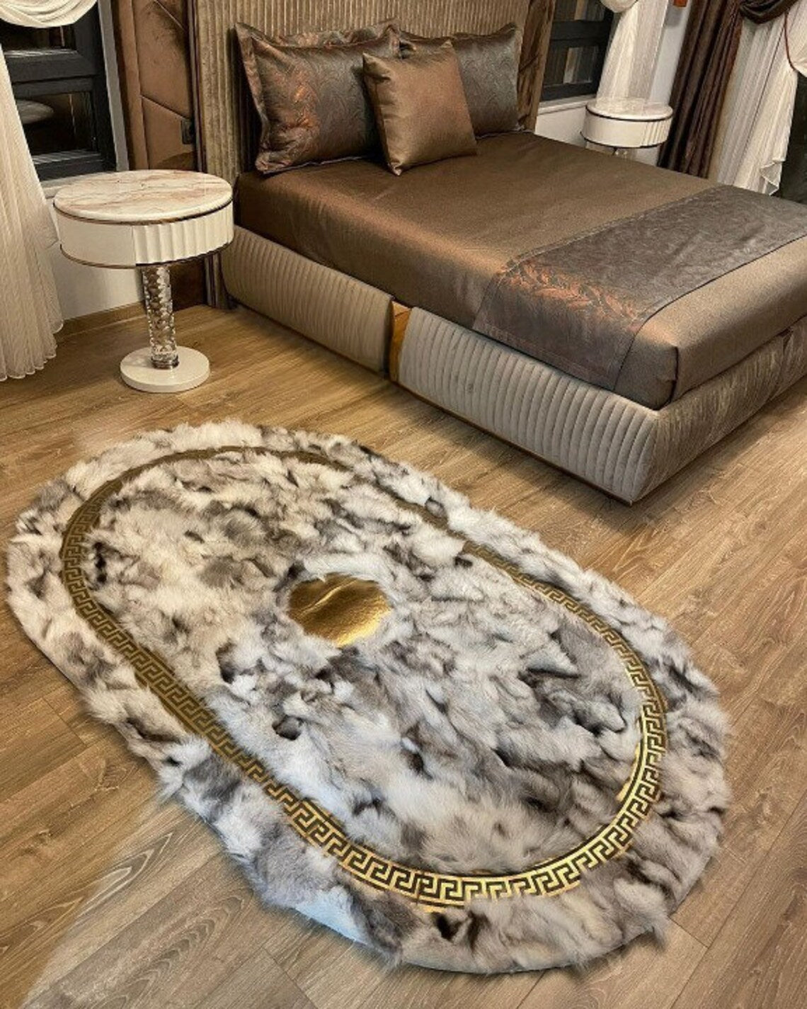 Luxury Soft White Black And Gold Fox Fur Rug ,Handmade Oval Fluffy Rug