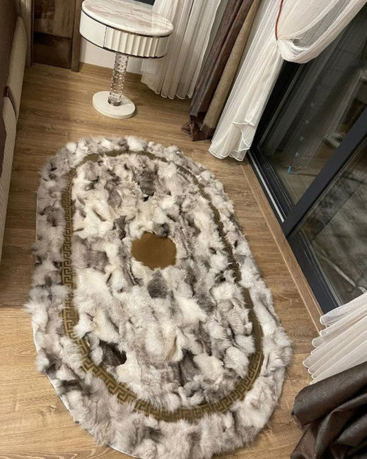 Luxury Soft White Black And Gold Fox Fur Rug ,Handmade Oval Fluffy Rug