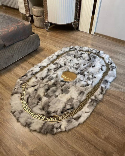 Luxury Soft White Black And Gold Fox Fur Rug ,Handmade Oval Fluffy Rug