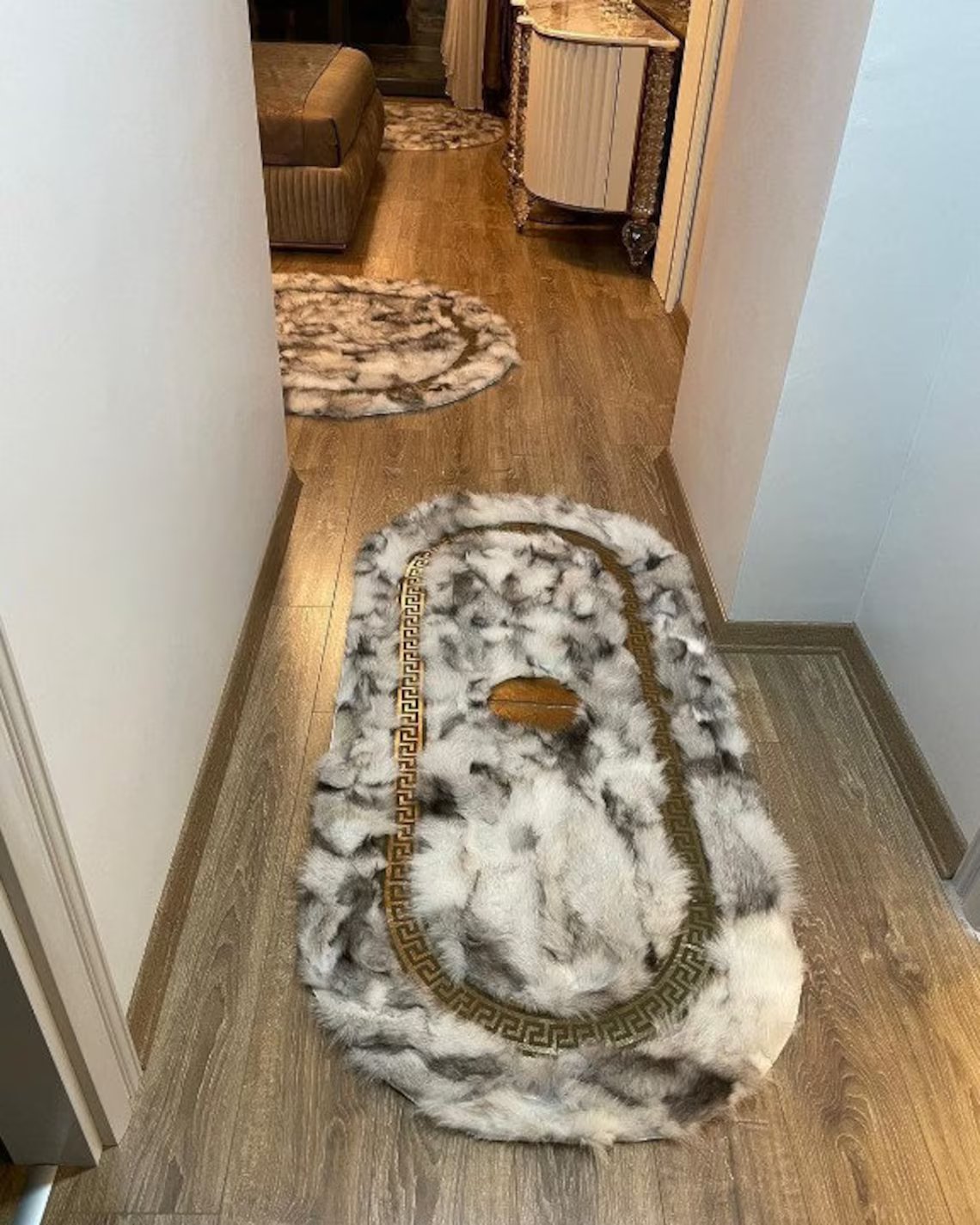 Luxury Soft White Black And Gold Fox Fur Rug ,Handmade Oval Fluffy Rug