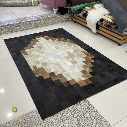 Luxury Tricolor Genuine Cowhide Area Rug for Living Room Handmade Non Slip Patchwork Carpet