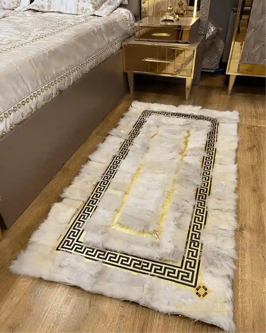 Handmade Runner Sheepskin White Gold Area Rug, Interior Decor