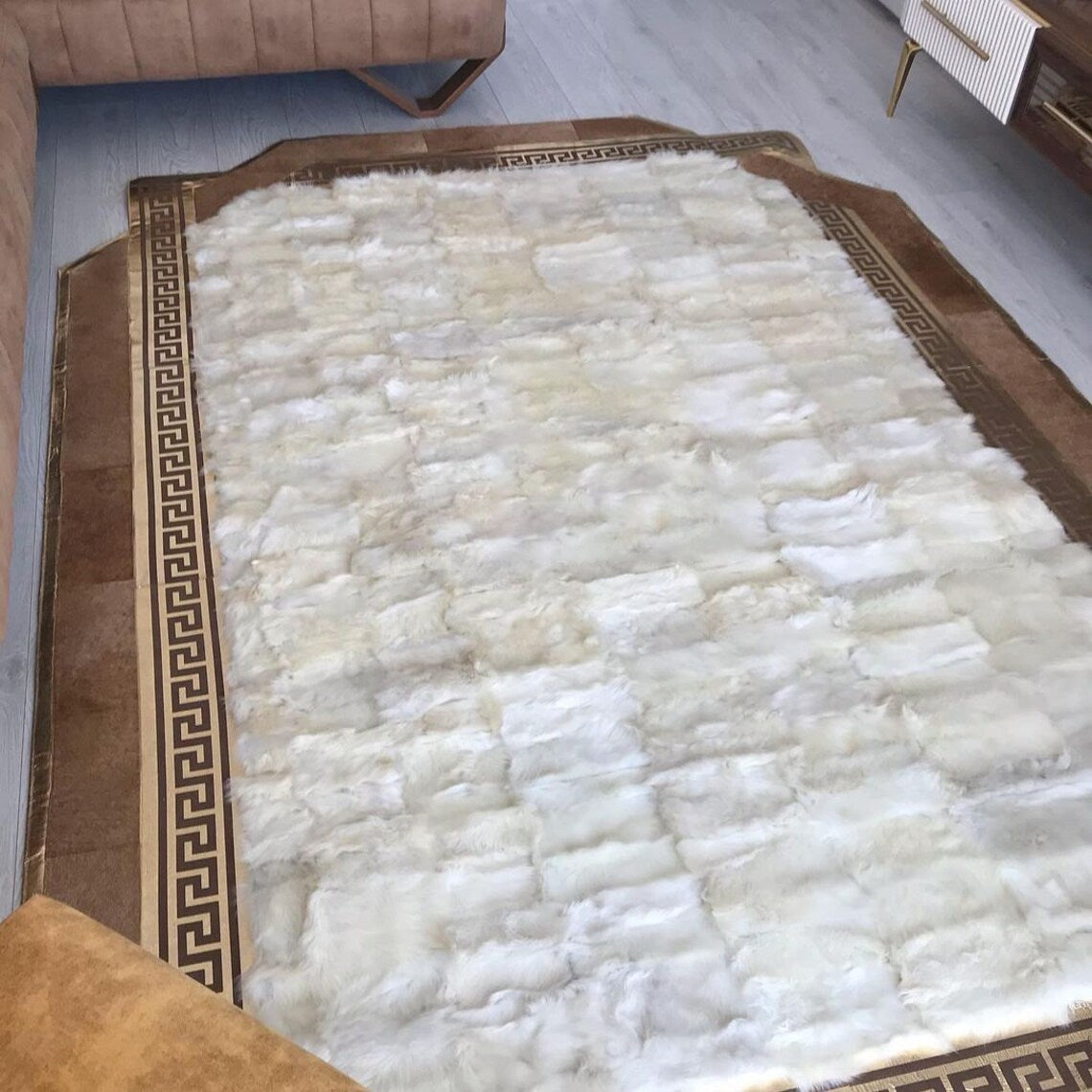 Luxury White Sheepskin Area Rug, Handmade Sheepskin Patchwork Rug, Natural Soft Hair Large Carpet for Floor Decoration, Office Rug, Boho Rug