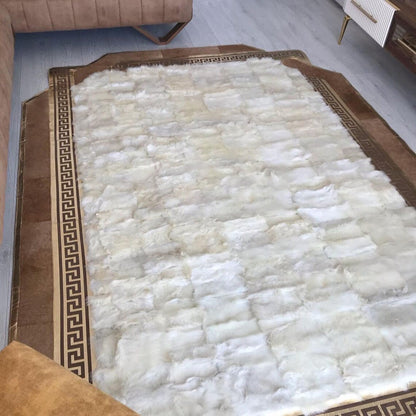 Luxury White Sheepskin Area Rug, Handmade Sheepskin Patchwork Rug, Natural Soft Hair Large Carpet for Floor Decoration, Office Rug, Boho Rug