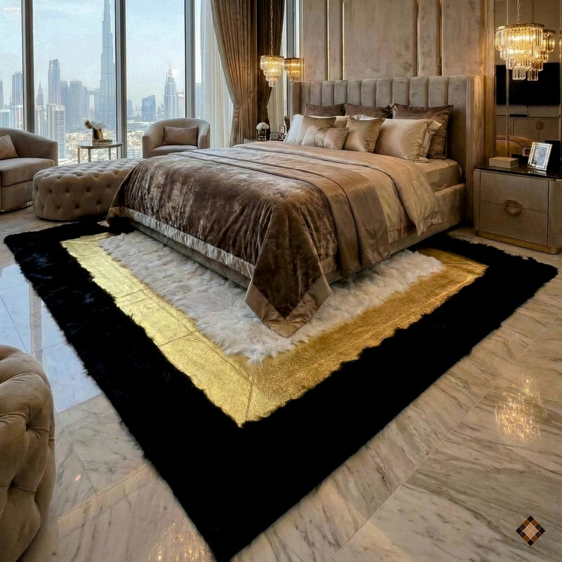 Handmade black, gold and ivory sheepskin area rug placed under a king size bed in a luxury marble floor bedroom with city view.