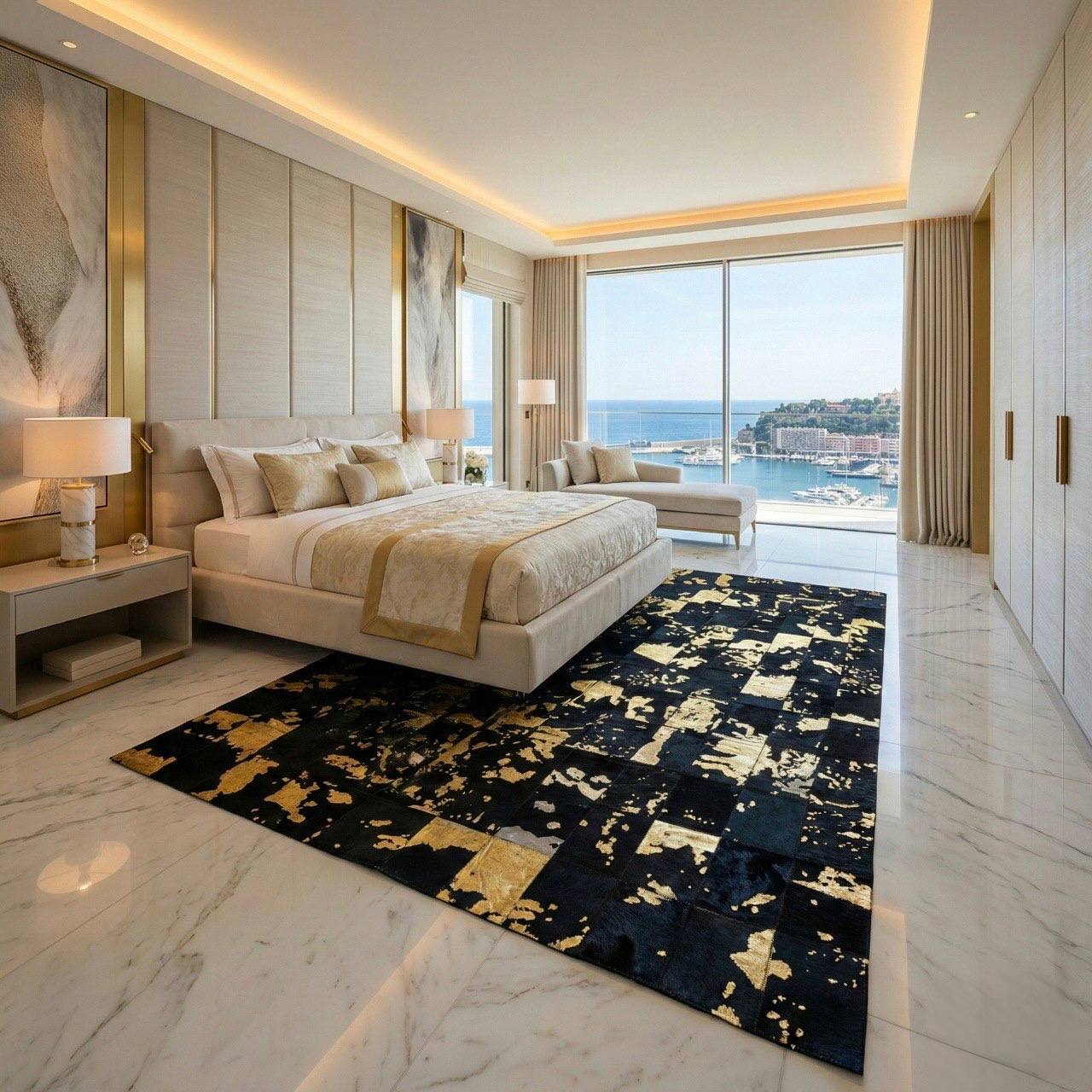 Luxury Black Gold natural cowhide area rug for modern living room decor