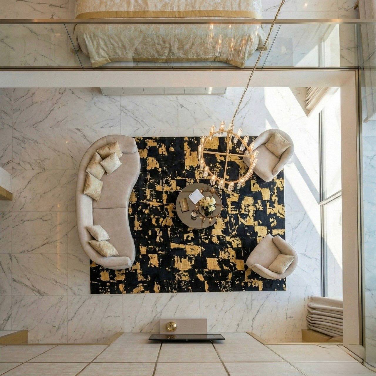 Luxury Black Gold Natural Cowhide Area Rug for Living Room, Modern Handmade Rug