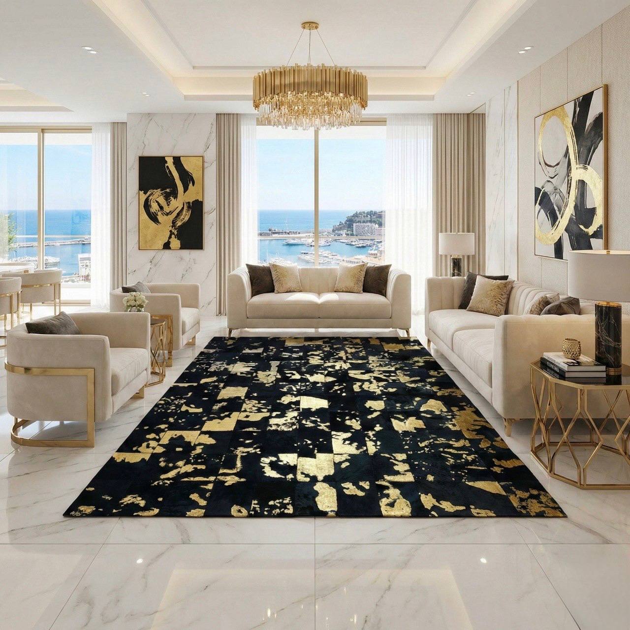 Luxury Black Gold Natural Cowhide Area Rug for Living Room, Modern Handmade Rug