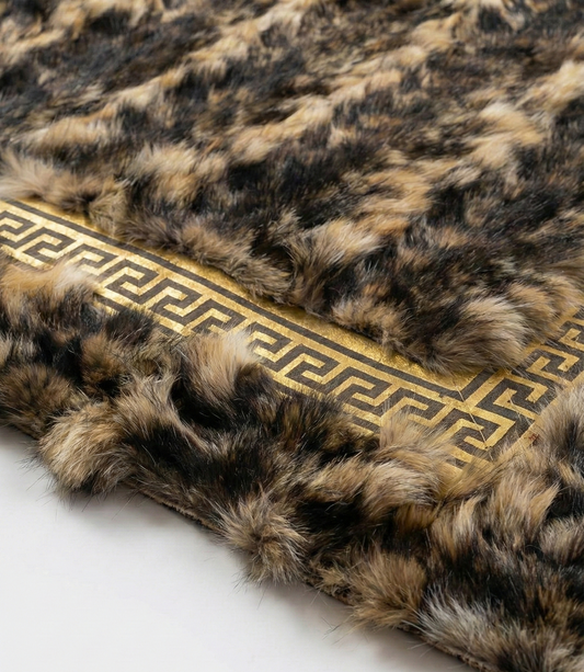 Natural Brown Fox Fur Area Rug with Gold Greek Key Border