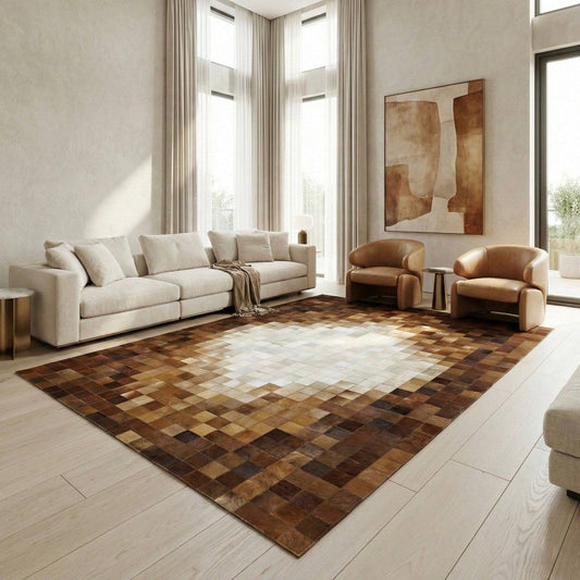 Luxury Brown and Cream Cowhide Rug, Handmade Natural Cowhide Area Rug