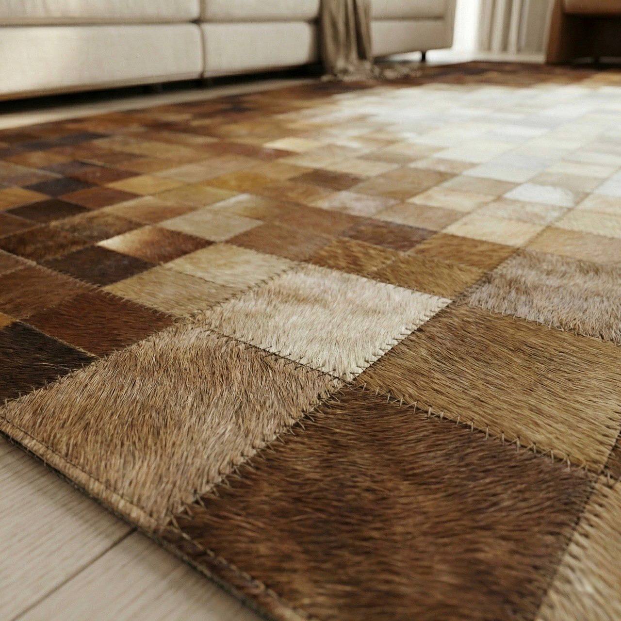Luxury Brown and Cream Cowhide Rug, Handmade Natural Cowhide Area Rug - WONDERFURRUG