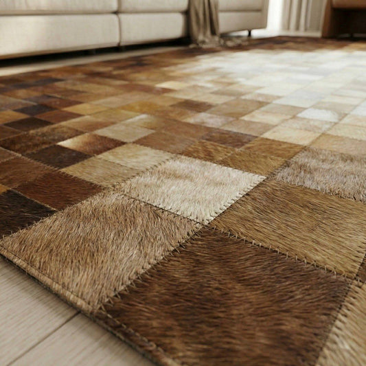 Luxury Brown and Cream Cowhide Rug, Handmade Natural Cowhide Area Rug