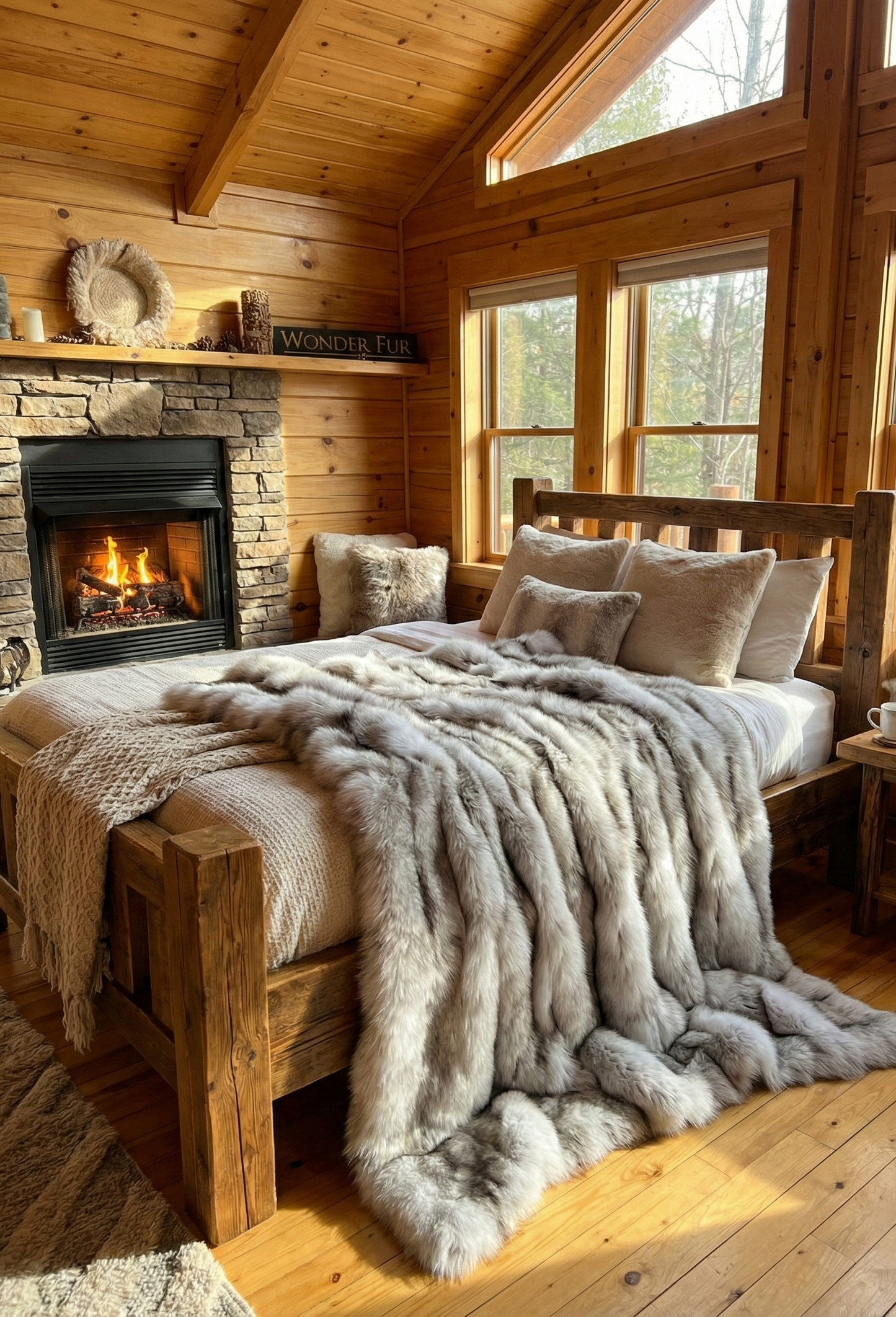 Luxury Canadian Gray Natural Fox Fur Blanket, 100% Handmade Shaggy Throw