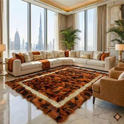 Handmade Genuine Fox Fur Area Rug with Gold Border | Custom Luxury Fur Rug