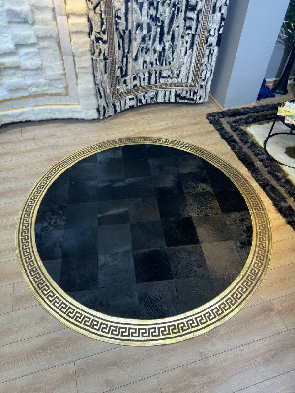 Luxury Gold Black Cowhide Rug, 100% Natural Handmade Cowhide Patchwork Round Rug