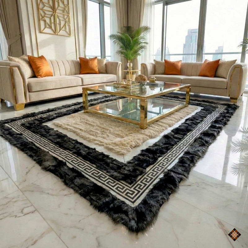 Elevate your space with a handmade beige and charcoal sheepskin rug. Custom sizes available for refined, warm, and luxurious living.