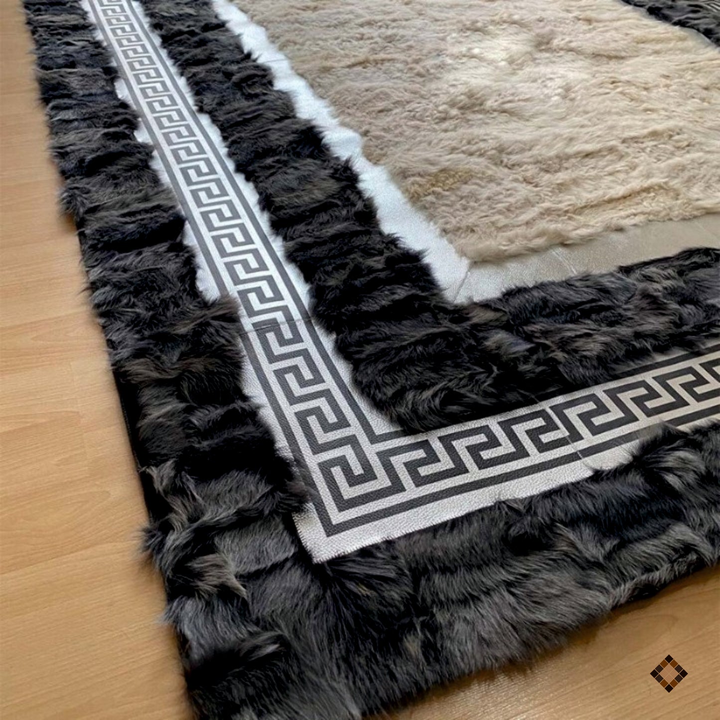Luxury Beige & Charcoal Sheepskin Area Rug with Greek Key Border
