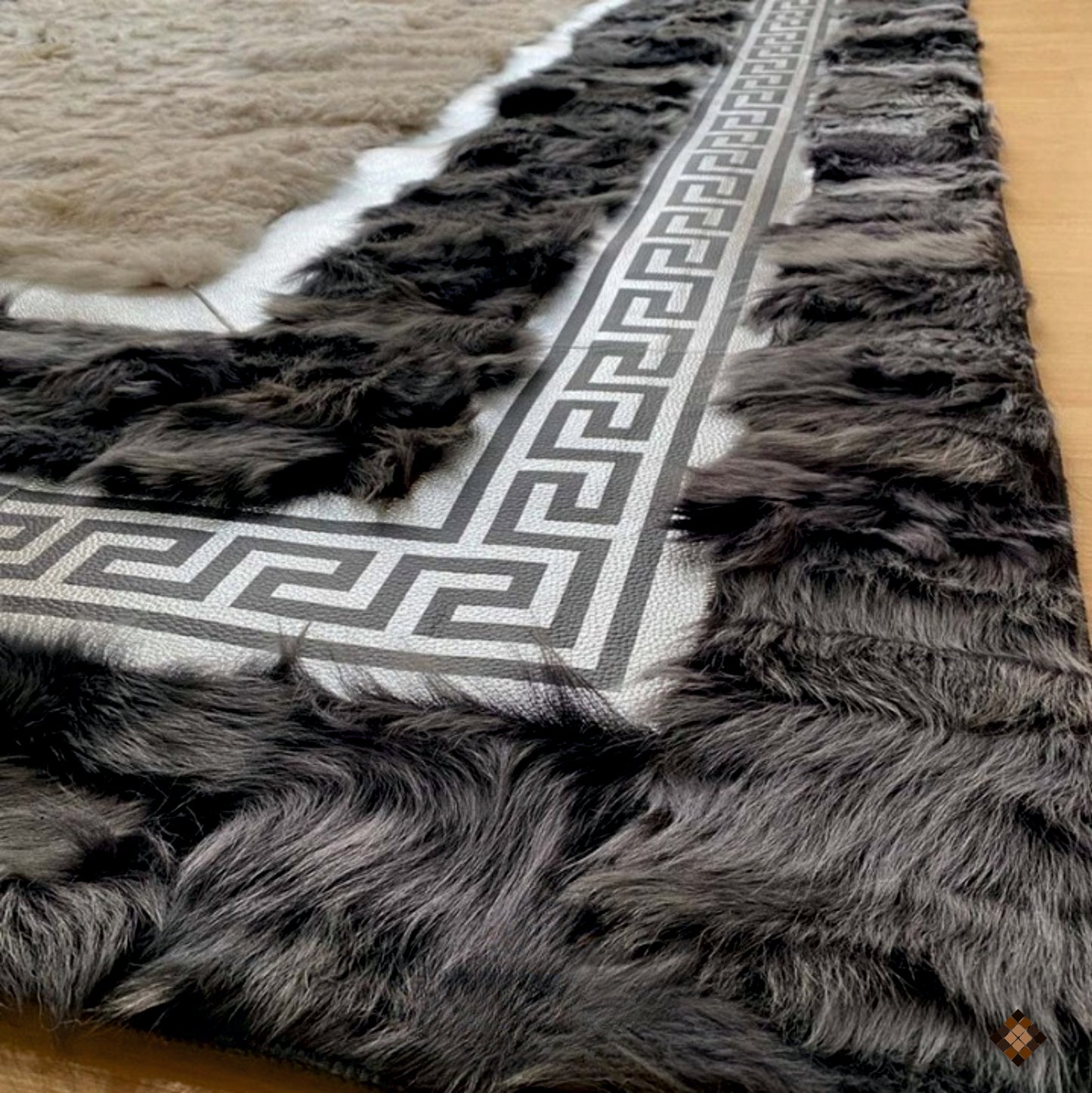 Luxury Beige & Charcoal Sheepskin Area Rug with Greek Key Border