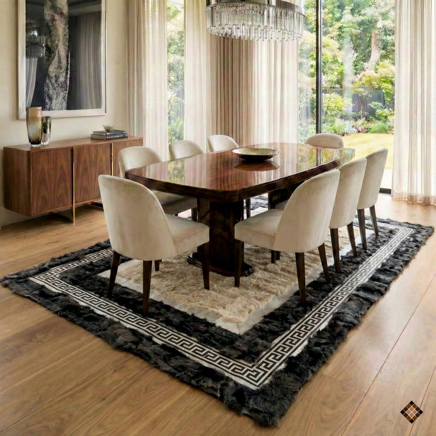 Luxury Beige & Charcoal Sheepskin Area Rug with Greek Key Border