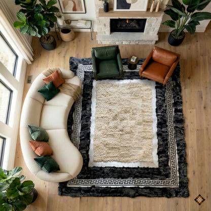 Luxury Beige & Charcoal Sheepskin Area Rug with Greek Key Border