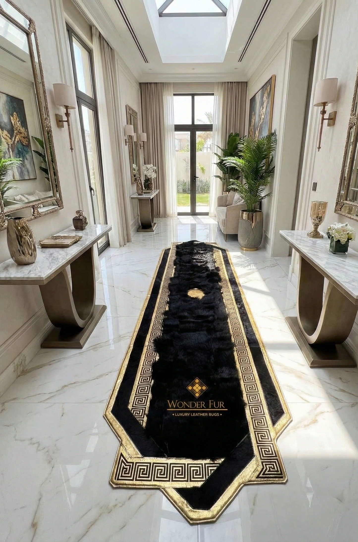 Luxury Handmade Black Natural Sheepskin Runner Rug , Patchwork Carpet