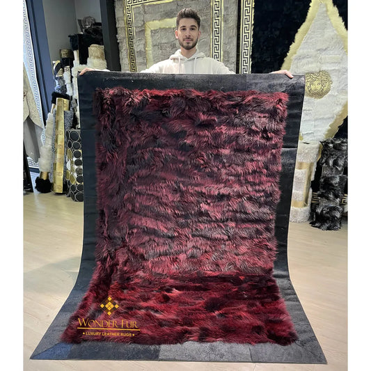Luxury Handmade Fox Fur Rug | Burgundy Fox Fur with Natural Cowhide Border