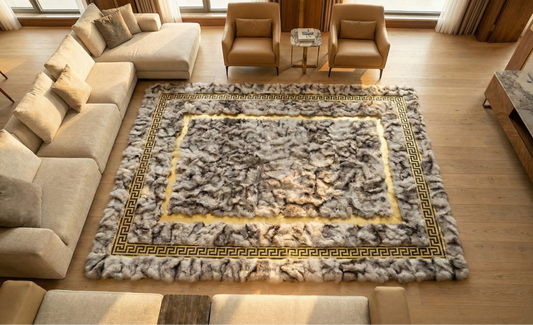 Luxury Handmade Fox Fur Rug | Gray Fox Fur with Gold Greek Key Border