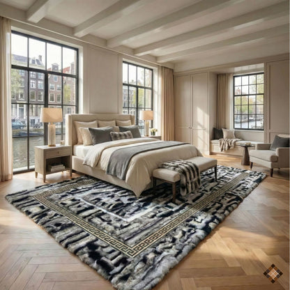 Luxury Handmade Gray Rabbit Fur Rug with Elegant Border Design