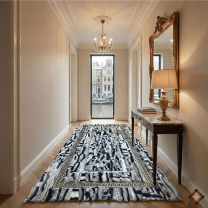 Luxury Handmade Gray Rabbit Fur Rug with Elegant Border Design