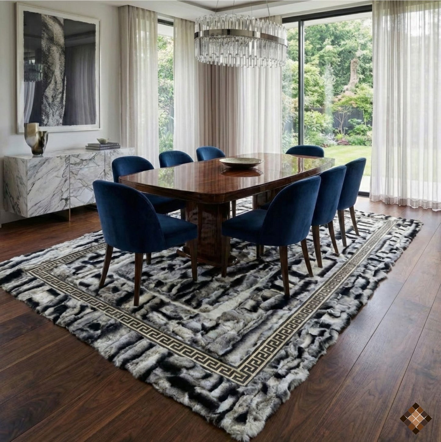 Luxury Handmade Gray Rabbit Fur Rug with Elegant Border Design