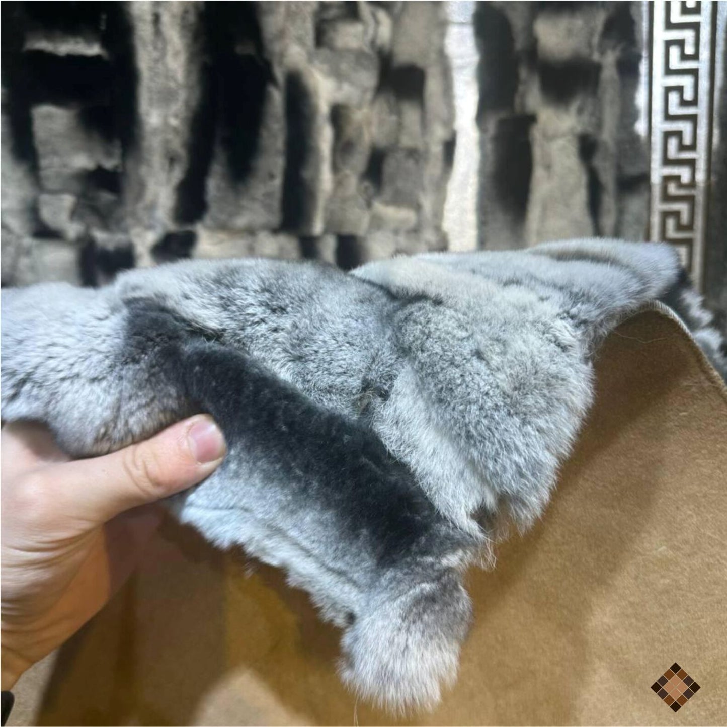 Luxury Handmade Gray Rabbit Fur Rug with Elegant Border Design