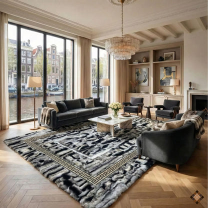 Luxury Handmade Gray Rabbit Fur Rug with Elegant Border Design