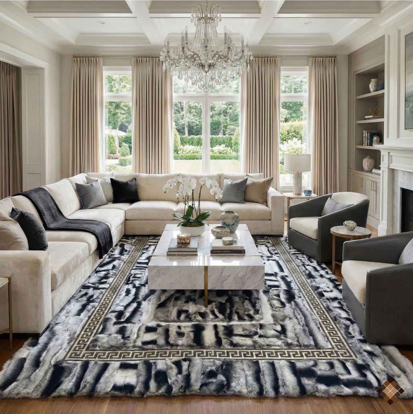 Luxury Handmade Gray Rabbit Fur Rug with Elegant Border Design