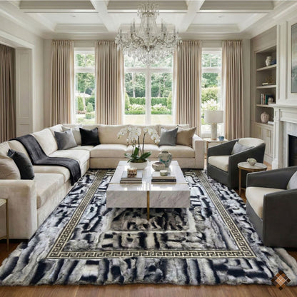 Luxury Handmade Gray Rabbit Fur Rug with Elegant Border Design