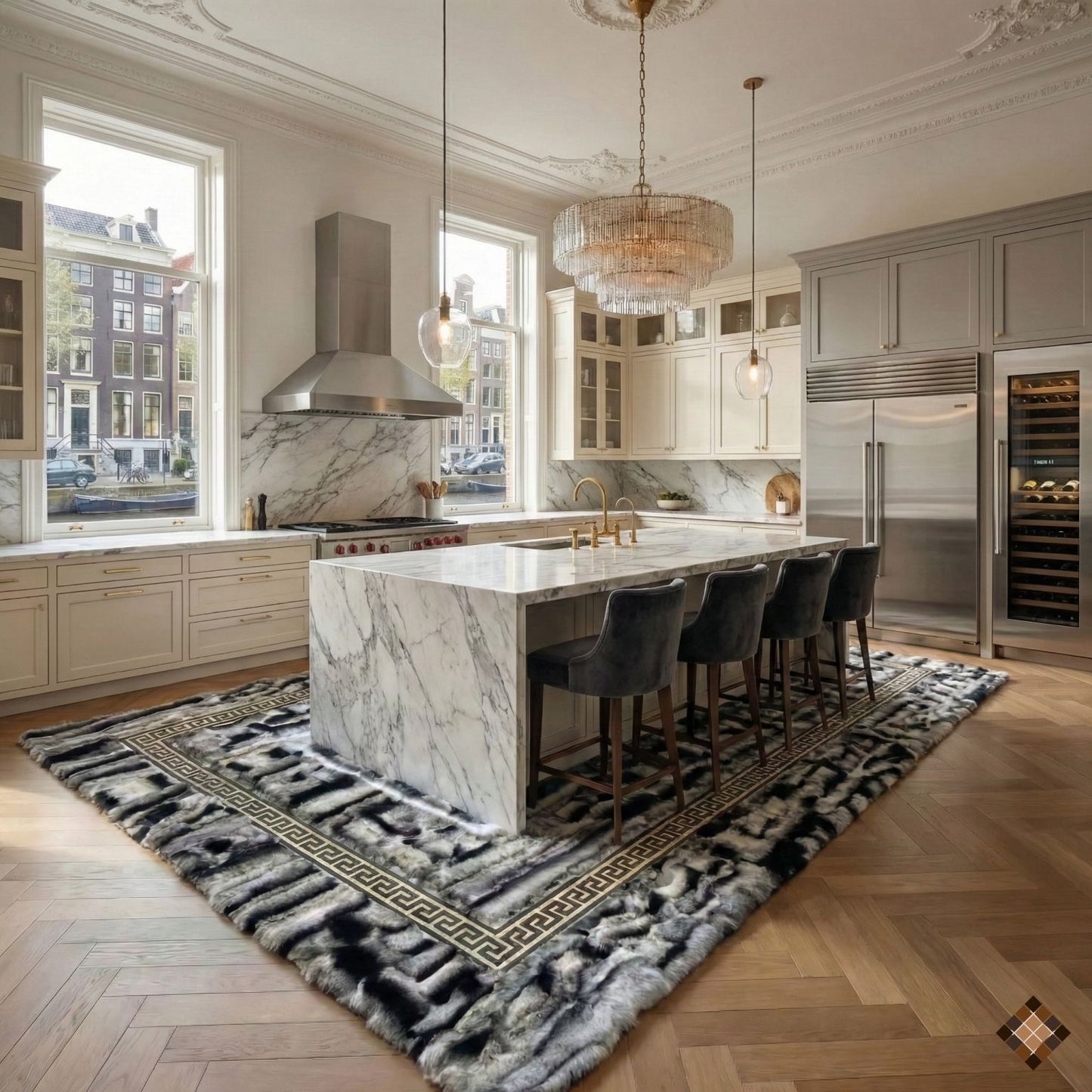 Luxury Handmade Gray Rabbit Fur Rug with Elegant Border Design