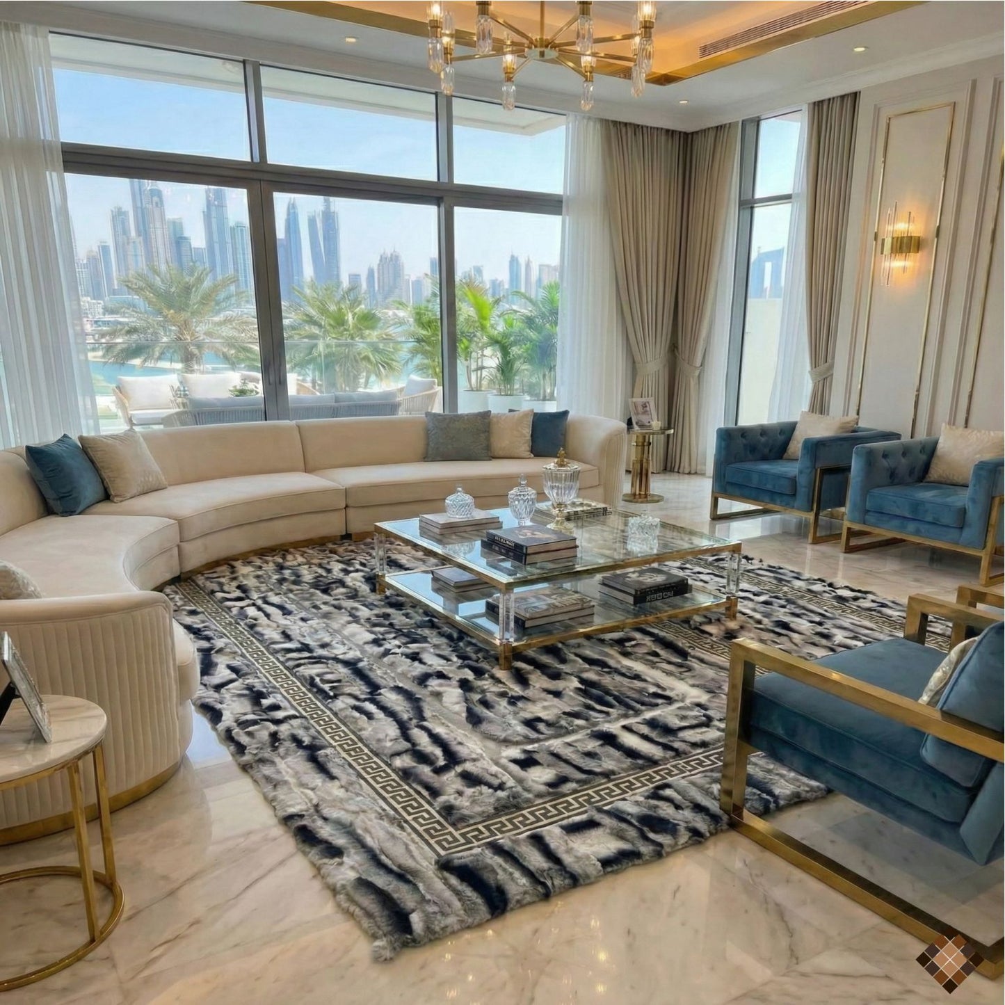 Luxury Handmade Gray Rabbit Fur Rug with Elegant Border Design