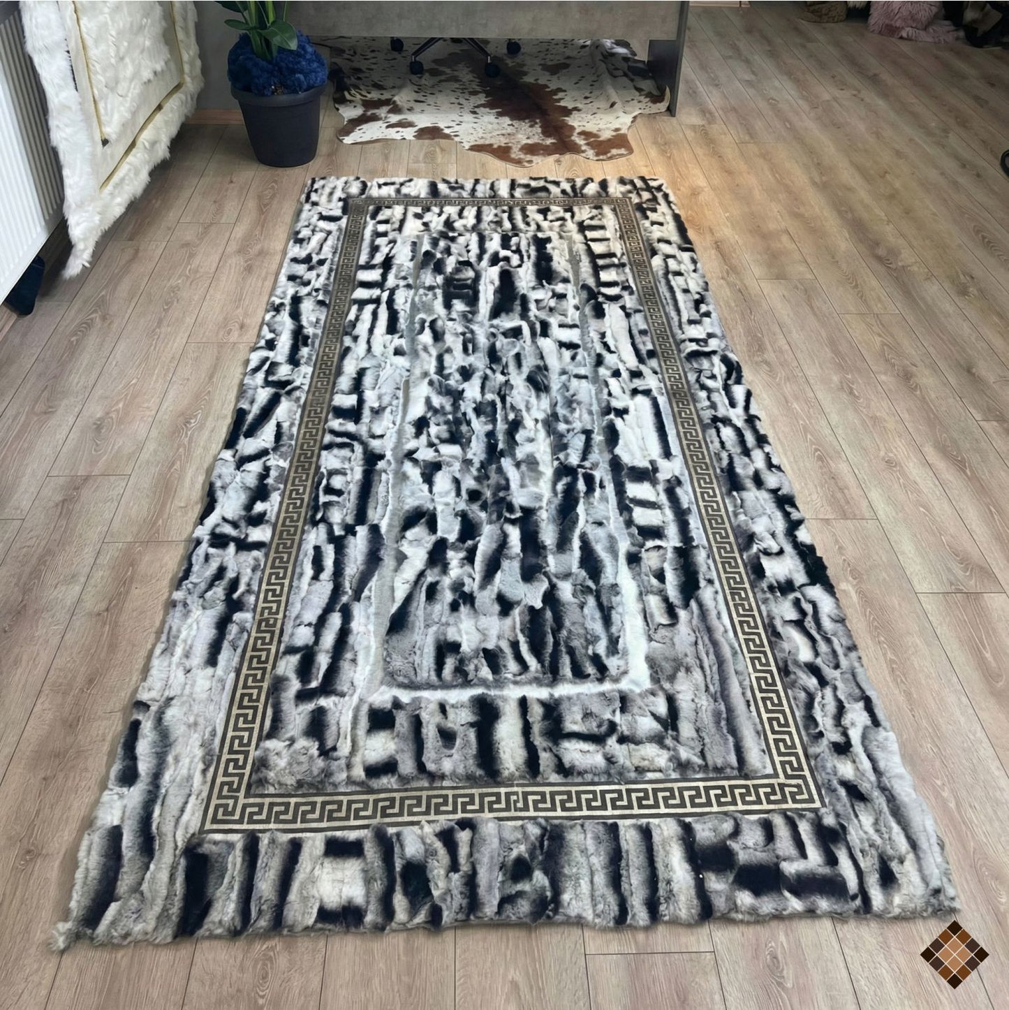 Luxury Handmade Gray Rabbit Fur Rug with Elegant Border Design