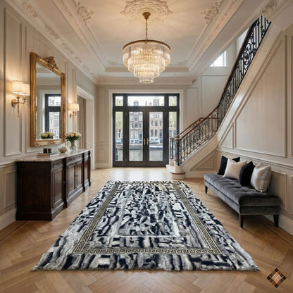 Luxury Handmade Gray Rabbit Fur Rug with Elegant Border Design