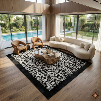 Luxury Handmade Rabbit Fur Rug – Black & Silver Textured Design