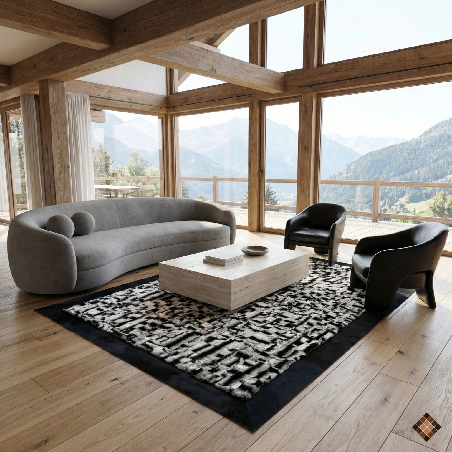 Luxury Handmade Rabbit Fur Rug – Black & Silver Textured Design - WONDERFURRUG