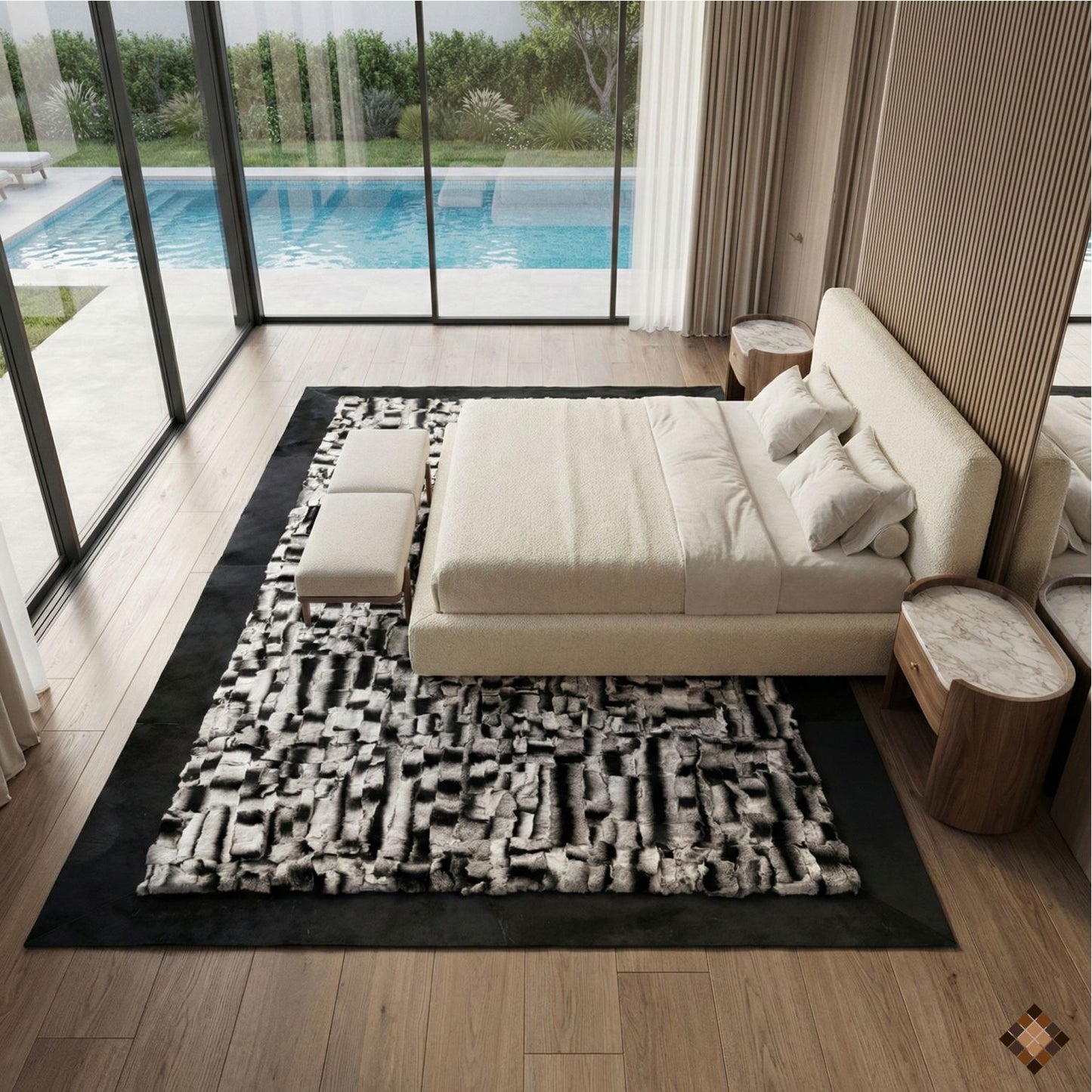 Luxury Handmade Rabbit Fur Rug – Black & Silver Textured Design - WONDERFURRUG