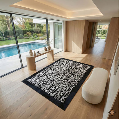 Luxury Handmade Rabbit Fur Rug – Black & Silver Textured Design - WONDERFURRUG