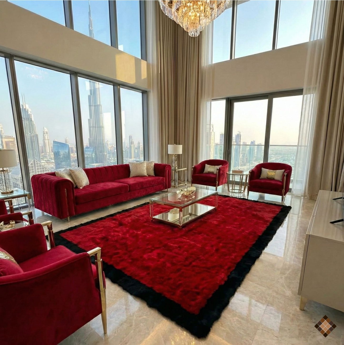 Luxury Handmade Red & Black Rabbit Fur Area Rug