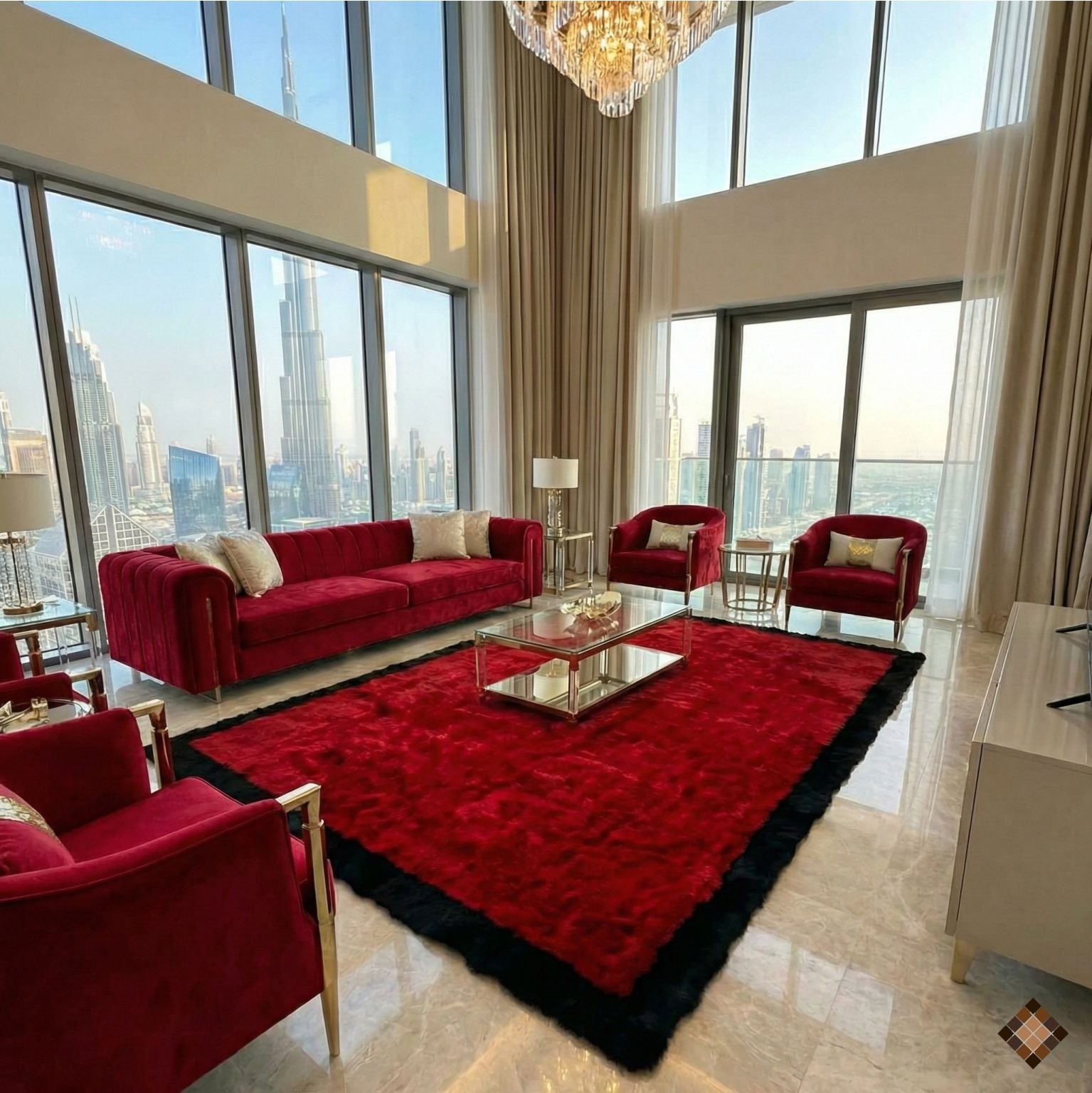 Luxury Handmade Red & Black Rabbit Fur Area Rug