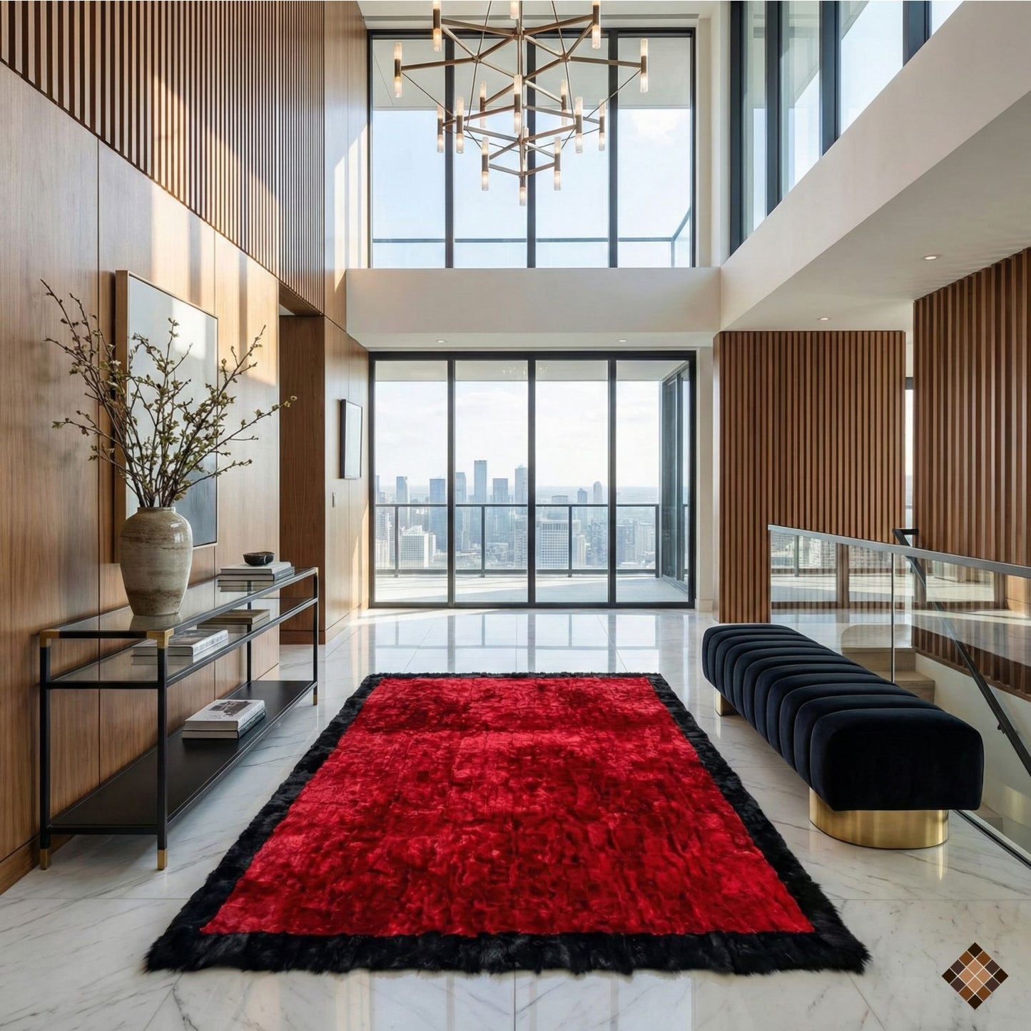 Luxury Handmade Red & Black Rabbit Fur Area Rug